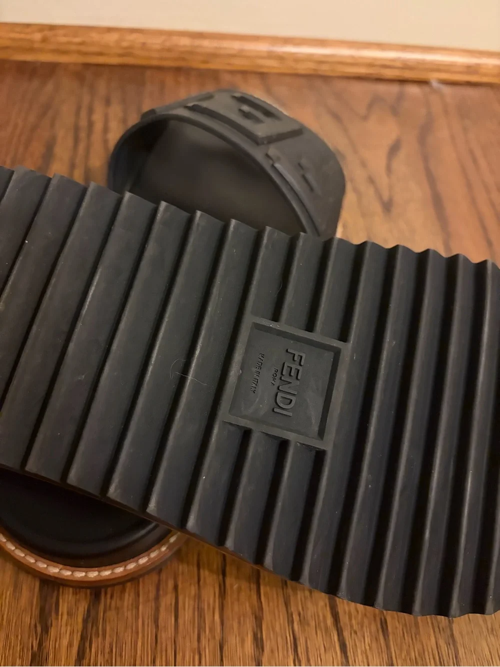 Fendi Black Logo Slide Sandals with Brown Trim